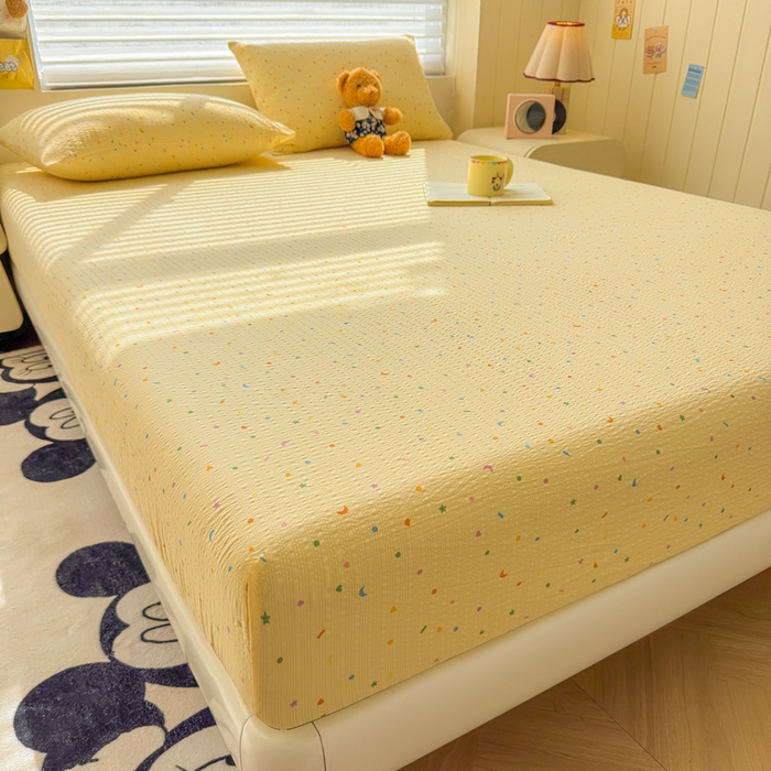 91家纺网 家纺一手货源 找家纺 梵朴 2026新款A类泡芙棉云感木棉邹邹纱双层纱床笠三件套 璀璨星空