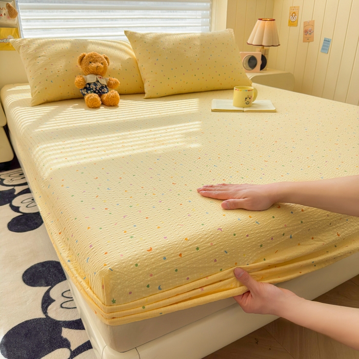 91家纺网 家纺一手货源 找家纺 梵朴 2026新款A类泡芙棉云感木棉邹邹纱双层纱床笠三件套 璀璨星空