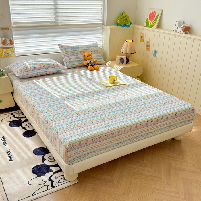 91家纺网 家纺一手货源 找家纺 梵朴 2026新款A类泡芙棉云感木棉邹邹纱双层纱床笠三件套 费尔岛木马