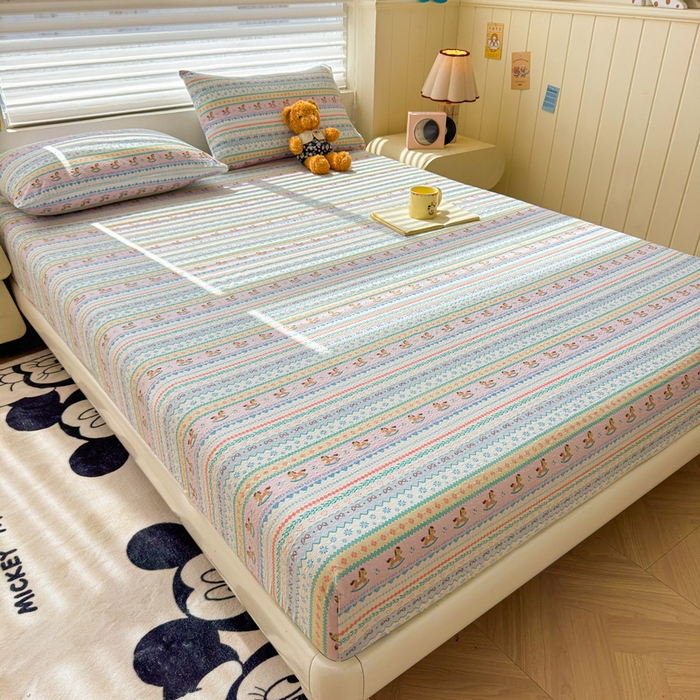 91家纺网 家纺一手货源 找家纺 梵朴 2026新款A类泡芙棉云感木棉邹邹纱双层纱床笠三件套 费尔岛木马