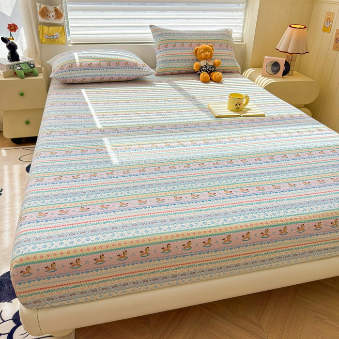 91家纺网 家纺一手货源 找家纺 梵朴 2026新款A类泡芙棉云感木棉邹邹纱双层纱床笠三件套 费尔岛木马