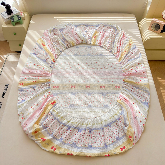 91家纺网 家纺一手货源 找家纺 梵朴 2026新款A类泡芙棉云感木棉邹邹纱双层纱床笠三件套 蝴蝶结小兔