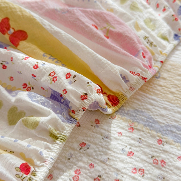 91家纺网 家纺一手货源 找家纺 梵朴 2026新款A类泡芙棉云感木棉邹邹纱双层纱床笠三件套 蝴蝶结小兔