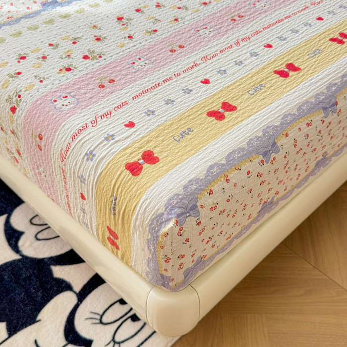 91家纺网 家纺一手货源 找家纺 梵朴 2026新款A类泡芙棉云感木棉邹邹纱双层纱床笠三件套 蝴蝶结小兔