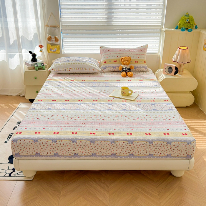 91家纺网 家纺一手货源 找家纺 梵朴 2026新款A类泡芙棉云感木棉邹邹纱双层纱床笠三件套 蝴蝶结小兔