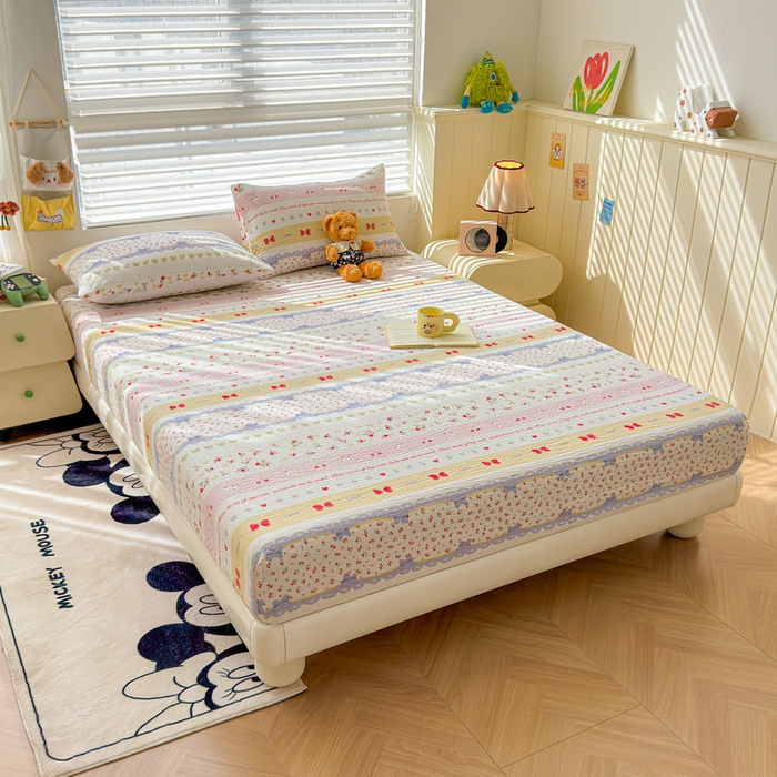 91家纺网 家纺一手货源 找家纺 梵朴 2026新款A类泡芙棉云感木棉邹邹纱双层纱床笠三件套 蝴蝶结小兔