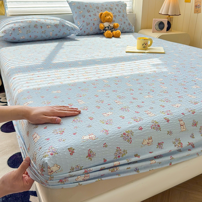 梵朴 2026新款A类泡芙棉云感木棉邹邹纱双层纱床笠三件套 花从小兔