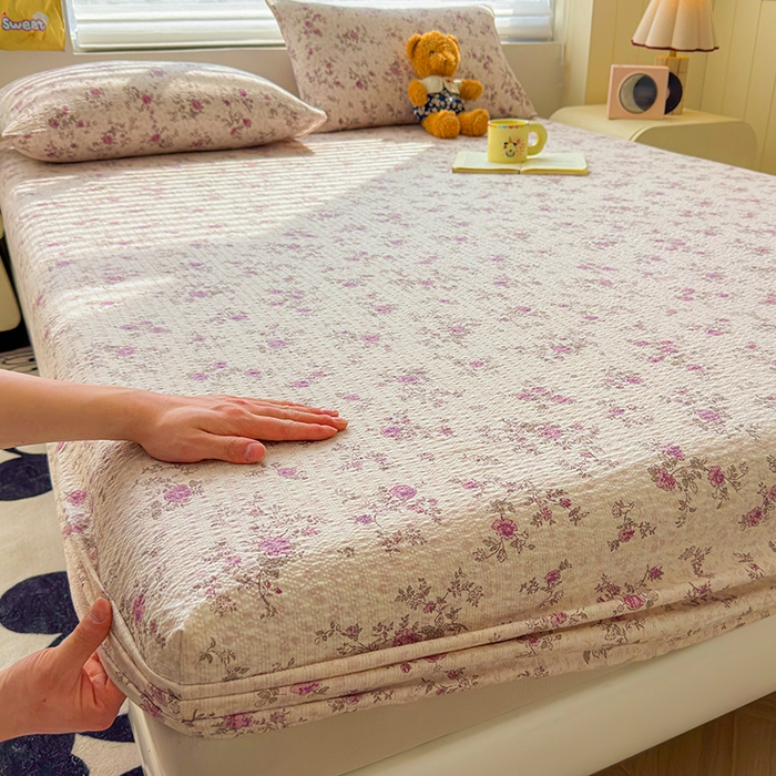 梵朴 2026新款A类泡芙棉云感木棉邹邹纱双层纱床笠三件套 花季紫