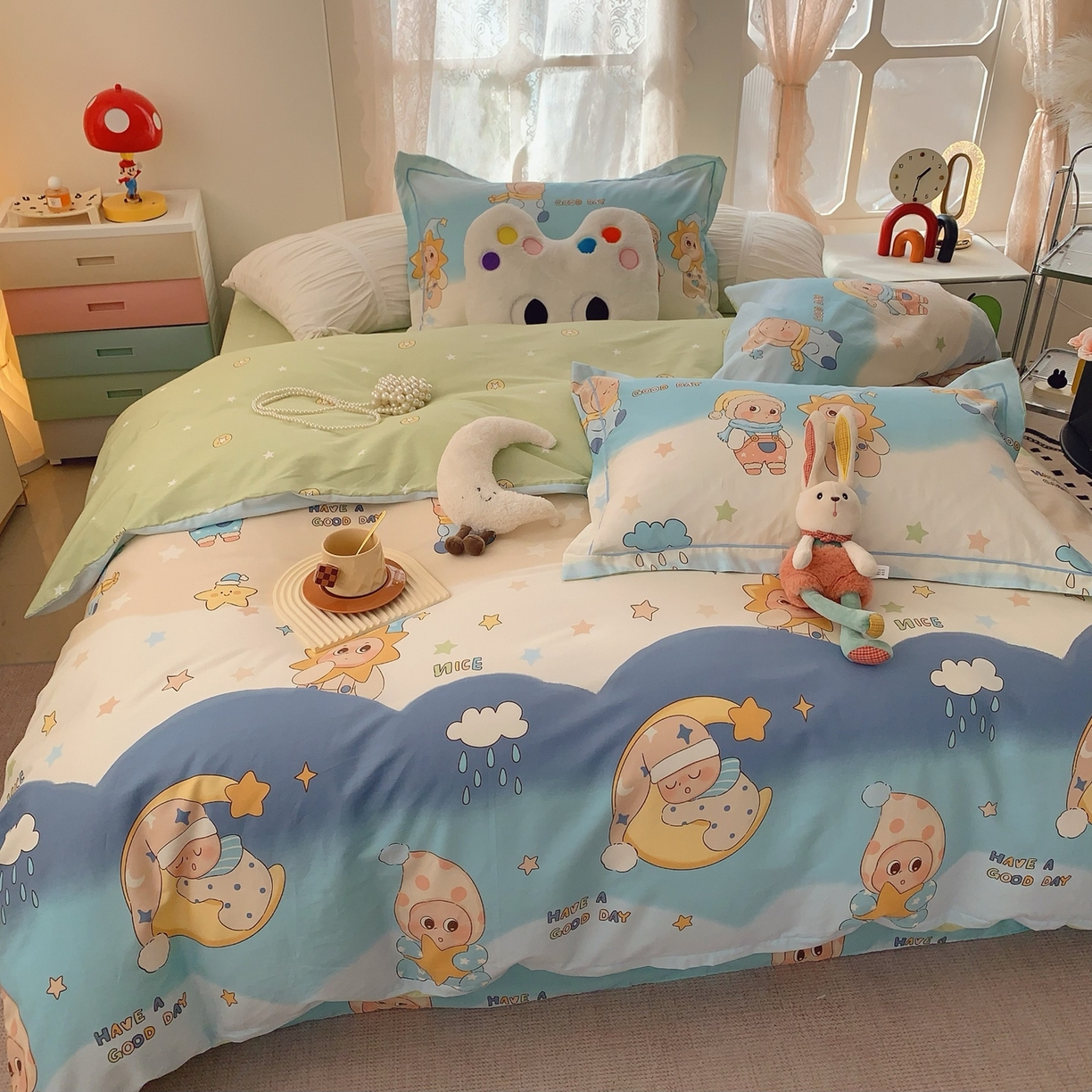 91家纺网 家纺一手货源 找家纺 奈萝家纺 2025新款全棉纯棉小清新印花四件套-第一波 星月宝贝