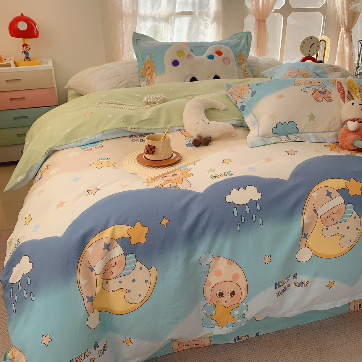 91家纺网 家纺一手货源 找家纺 奈萝家纺 2025新款全棉纯棉小清新印花四件套-第一波 星月宝贝