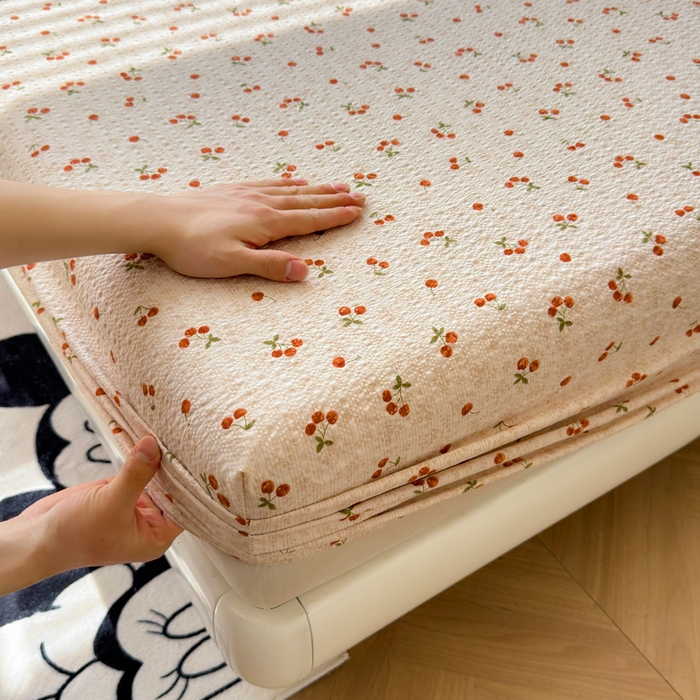 91家纺网 家纺一手货源 找家纺 梵朴 2026新款A类泡芙棉云感木棉邹邹纱双层纱床笠三件套 酒渍櫻桃