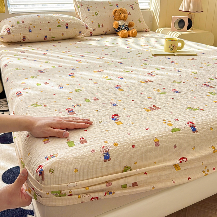 梵朴 2026新款A类泡芙棉云感木棉邹邹纱双层纱床笠三件套 快乐马里奥