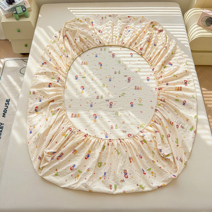 91家纺网 家纺一手货源 找家纺 梵朴 2026新款A类泡芙棉云感木棉邹邹纱双层纱床笠三件套 快乐马里奥