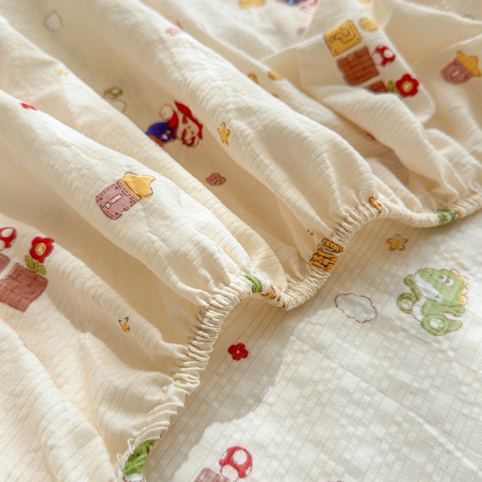 91家纺网 家纺一手货源 找家纺 梵朴 2026新款A类泡芙棉云感木棉邹邹纱双层纱床笠三件套 快乐马里奥