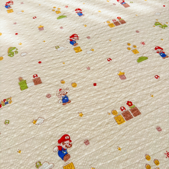 91家纺网 家纺一手货源 找家纺 梵朴 2026新款A类泡芙棉云感木棉邹邹纱双层纱床笠三件套 快乐马里奥