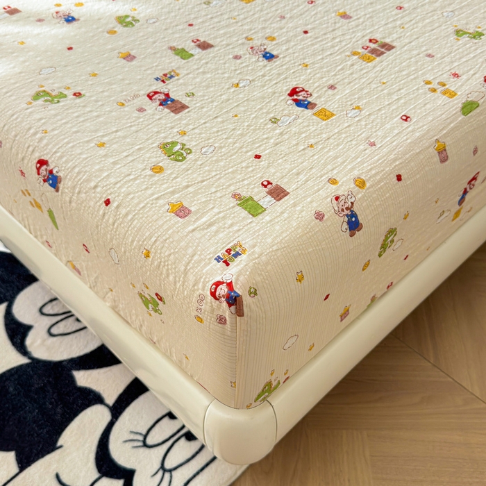 91家纺网 家纺一手货源 找家纺 梵朴 2026新款A类泡芙棉云感木棉邹邹纱双层纱床笠三件套 快乐马里奥