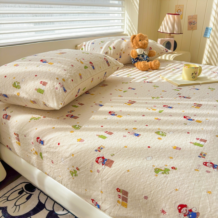 91家纺网 家纺一手货源 找家纺 梵朴 2026新款A类泡芙棉云感木棉邹邹纱双层纱床笠三件套 快乐马里奥