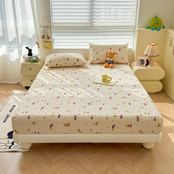 91家纺网 家纺一手货源 找家纺 梵朴 2026新款A类泡芙棉云感木棉邹邹纱双层纱床笠三件套 快乐马里奥