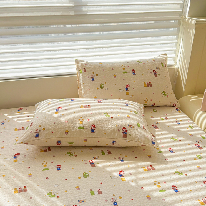 91家纺网 家纺一手货源 找家纺 梵朴 2026新款A类泡芙棉云感木棉邹邹纱双层纱床笠三件套 快乐马里奥