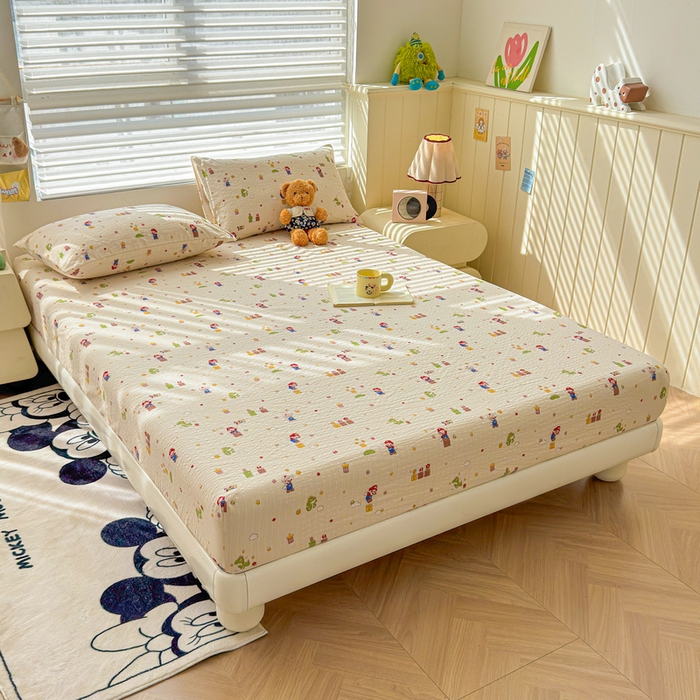 91家纺网 家纺一手货源 找家纺 梵朴 2026新款A类泡芙棉云感木棉邹邹纱双层纱床笠三件套 快乐马里奥