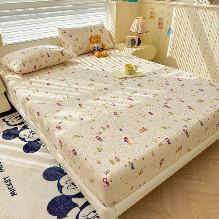 91家纺网 家纺一手货源 找家纺 梵朴 2026新款A类泡芙棉云感木棉邹邹纱双层纱床笠三件套 快乐马里奥