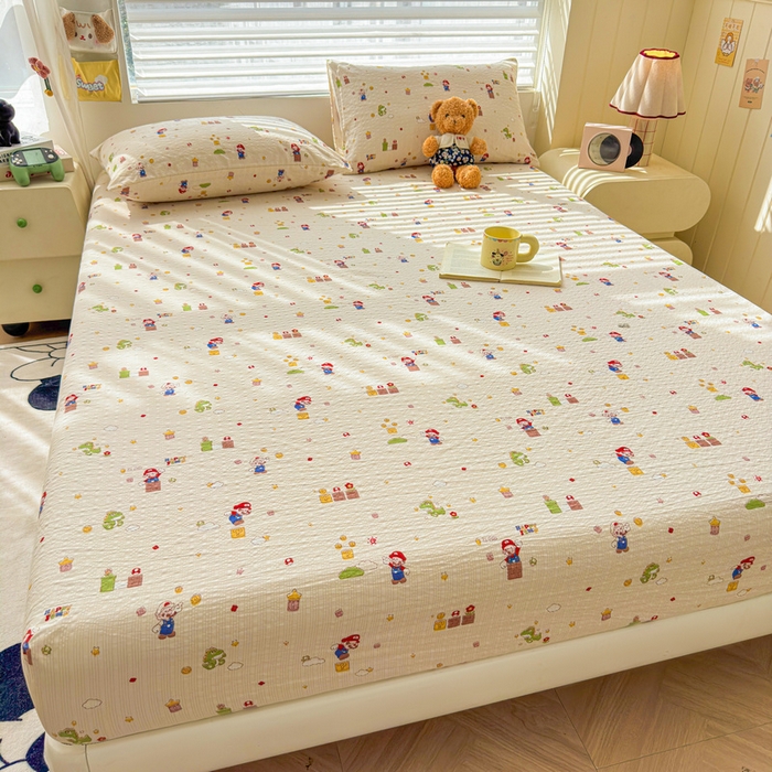 91家纺网 家纺一手货源 找家纺 梵朴 2026新款A类泡芙棉云感木棉邹邹纱双层纱床笠三件套 快乐马里奥