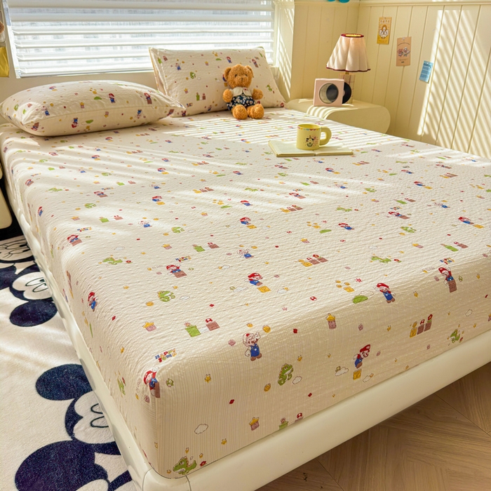 91家纺网 家纺一手货源 找家纺 梵朴 2026新款A类泡芙棉云感木棉邹邹纱双层纱床笠三件套 快乐马里奥