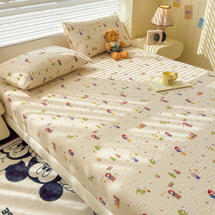 91家纺网 家纺一手货源 找家纺 梵朴 2026新款A类泡芙棉云感木棉邹邹纱双层纱床笠三件套 快乐马里奥