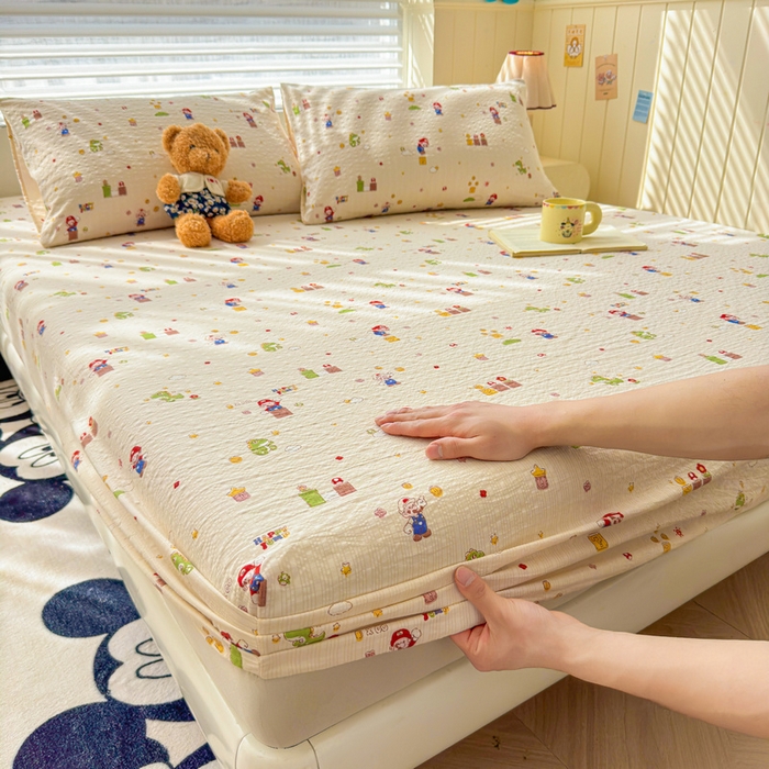 91家纺网 家纺一手货源 找家纺 梵朴 2026新款A类泡芙棉云感木棉邹邹纱双层纱床笠三件套 快乐马里奥