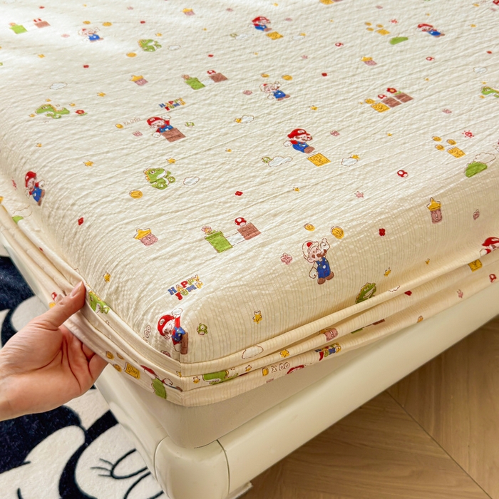 91家纺网 家纺一手货源 找家纺 梵朴 2026新款A类泡芙棉云感木棉邹邹纱双层纱床笠三件套 快乐马里奥