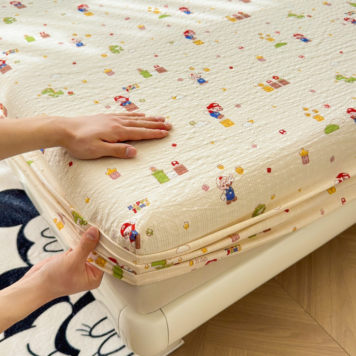 91家纺网 家纺一手货源 找家纺 梵朴 2026新款A类泡芙棉云感木棉邹邹纱双层纱床笠三件套 快乐马里奥