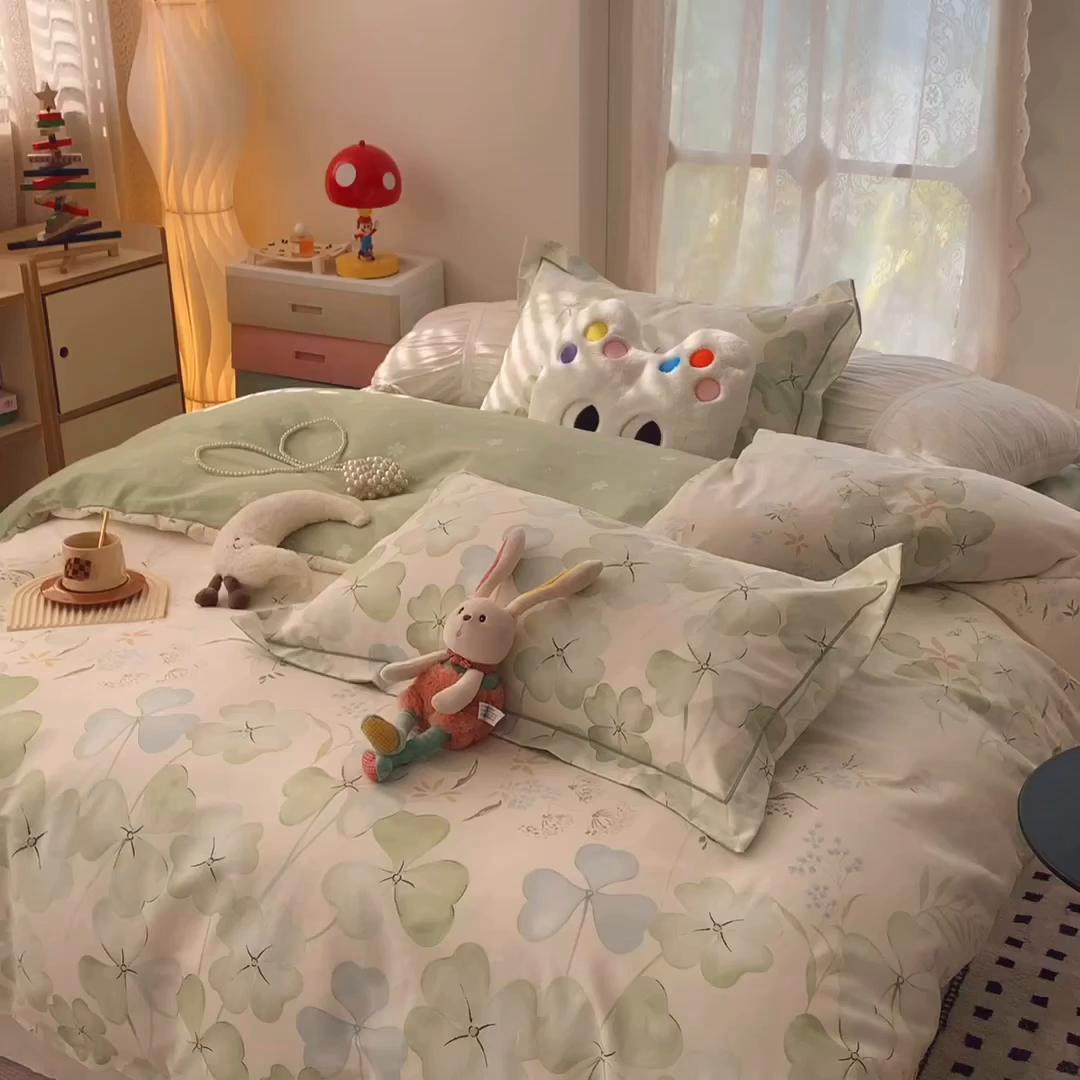 91家纺网 家纺一手货源 找家纺 奈萝家纺 2025新款全棉纯棉小清新印花四件套-第一波 幸运草