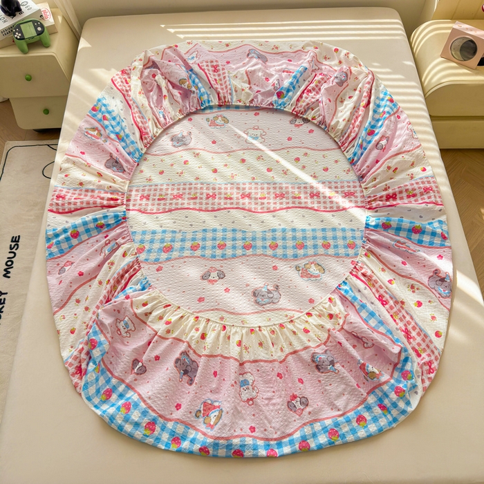 91家纺网 家纺一手货源 找家纺 梵朴 2026新款A类泡芙棉云感木棉邹邹纱双层纱床笠三件套 快乐小狗