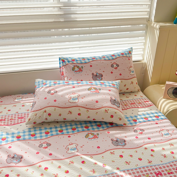 91家纺网 家纺一手货源 找家纺 梵朴 2026新款A类泡芙棉云感木棉邹邹纱双层纱床笠三件套 快乐小狗