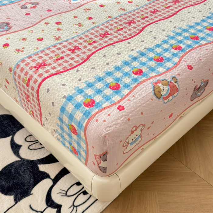 91家纺网 家纺一手货源 找家纺 梵朴 2026新款A类泡芙棉云感木棉邹邹纱双层纱床笠三件套 快乐小狗