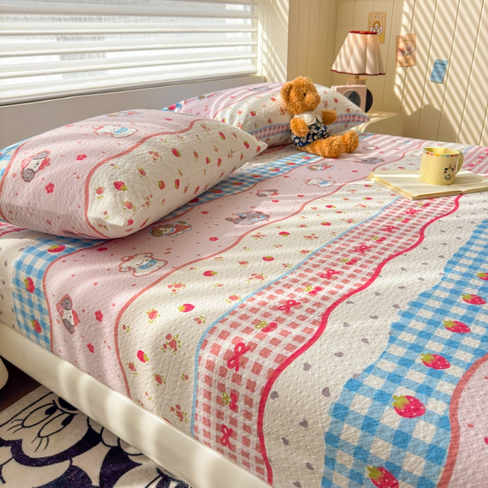 91家纺网 家纺一手货源 找家纺 梵朴 2026新款A类泡芙棉云感木棉邹邹纱双层纱床笠三件套 快乐小狗