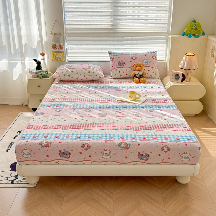 91家纺网 家纺一手货源 找家纺 梵朴 2026新款A类泡芙棉云感木棉邹邹纱双层纱床笠三件套 快乐小狗