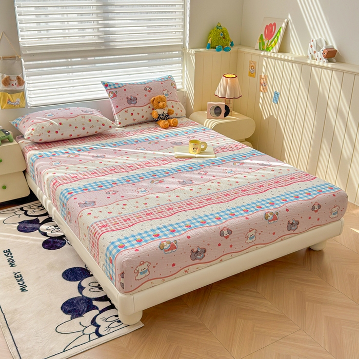 91家纺网 家纺一手货源 找家纺 梵朴 2026新款A类泡芙棉云感木棉邹邹纱双层纱床笠三件套 快乐小狗