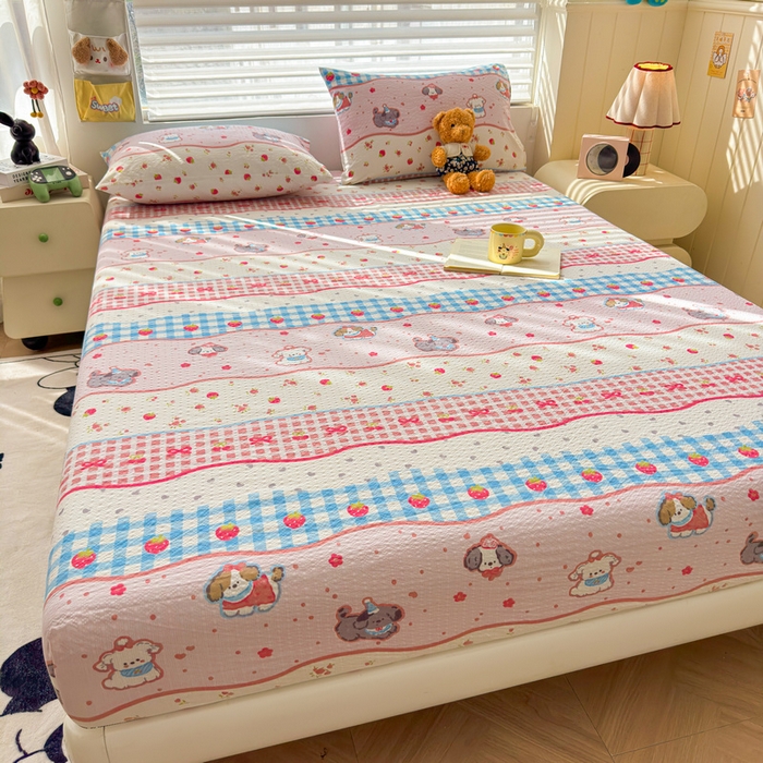 91家纺网 家纺一手货源 找家纺 梵朴 2026新款A类泡芙棉云感木棉邹邹纱双层纱床笠三件套 快乐小狗