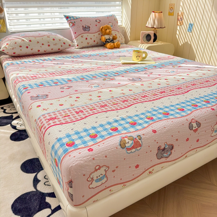 91家纺网 家纺一手货源 找家纺 梵朴 2026新款A类泡芙棉云感木棉邹邹纱双层纱床笠三件套 快乐小狗