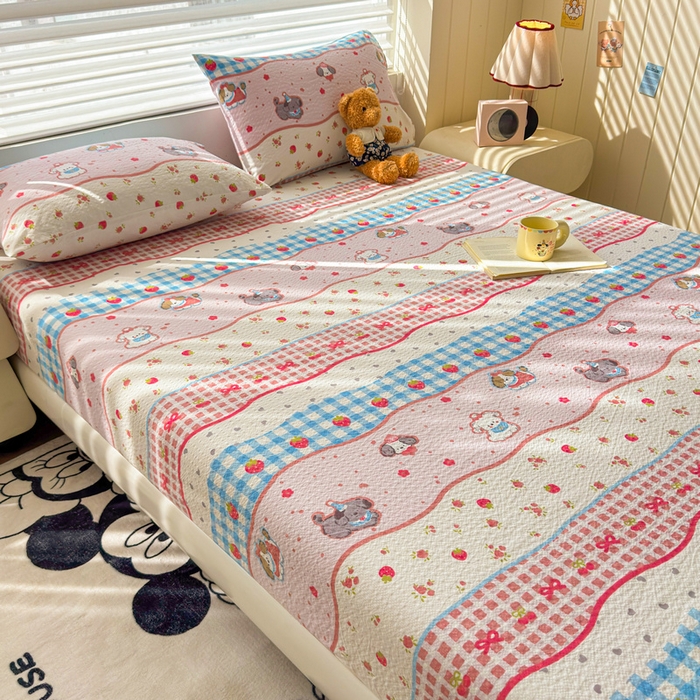 91家纺网 家纺一手货源 找家纺 梵朴 2026新款A类泡芙棉云感木棉邹邹纱双层纱床笠三件套 快乐小狗