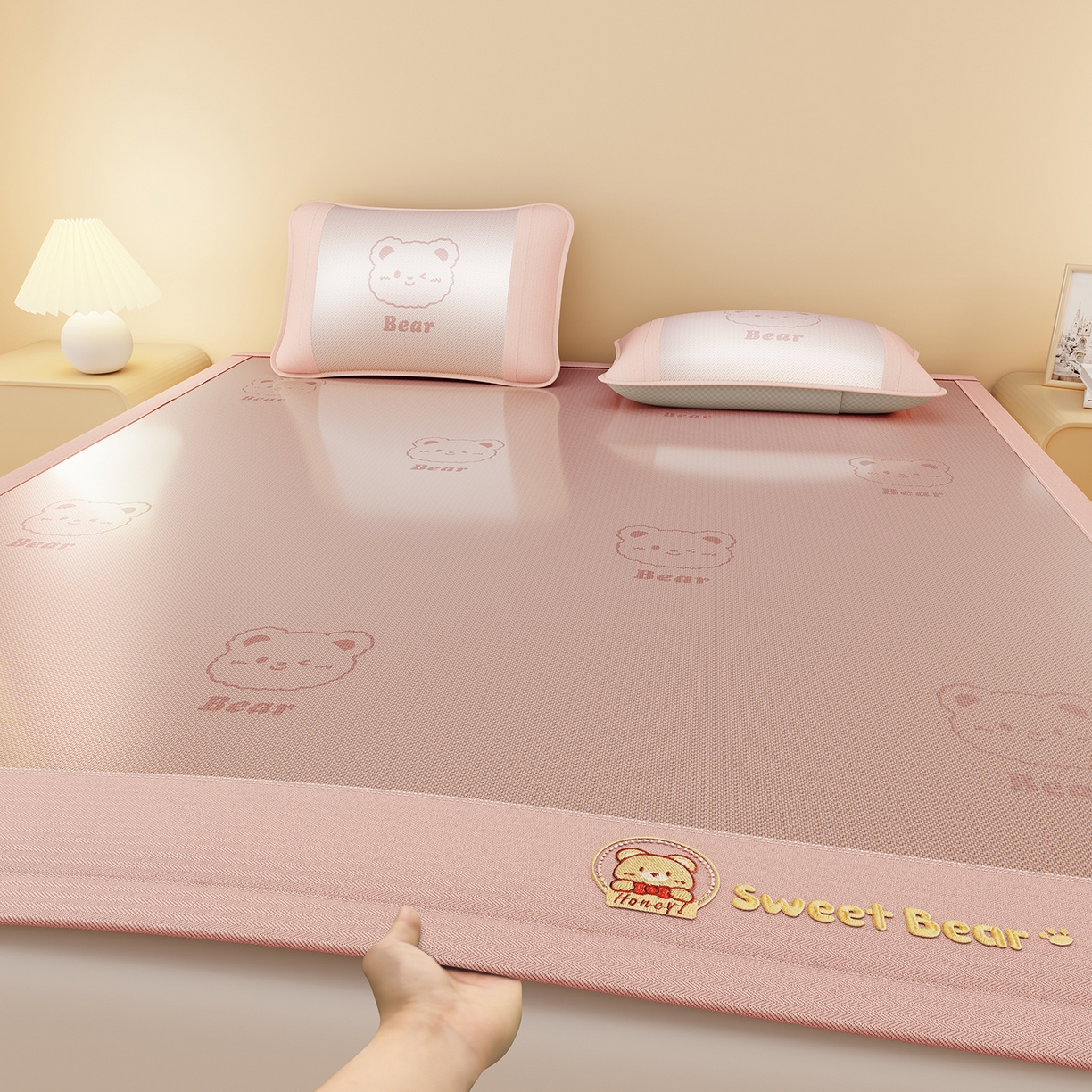 91家纺网 家纺一手货源 找家纺 女子家纺 2026新款水洗冰藤床席款床笠款凉席-快乐熊 快乐熊-优雅粉