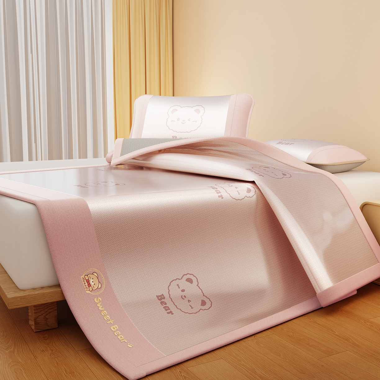 91家纺网 家纺一手货源 找家纺 女子家纺 2026新款水洗冰藤床席款床笠款凉席-快乐熊 快乐熊-优雅粉