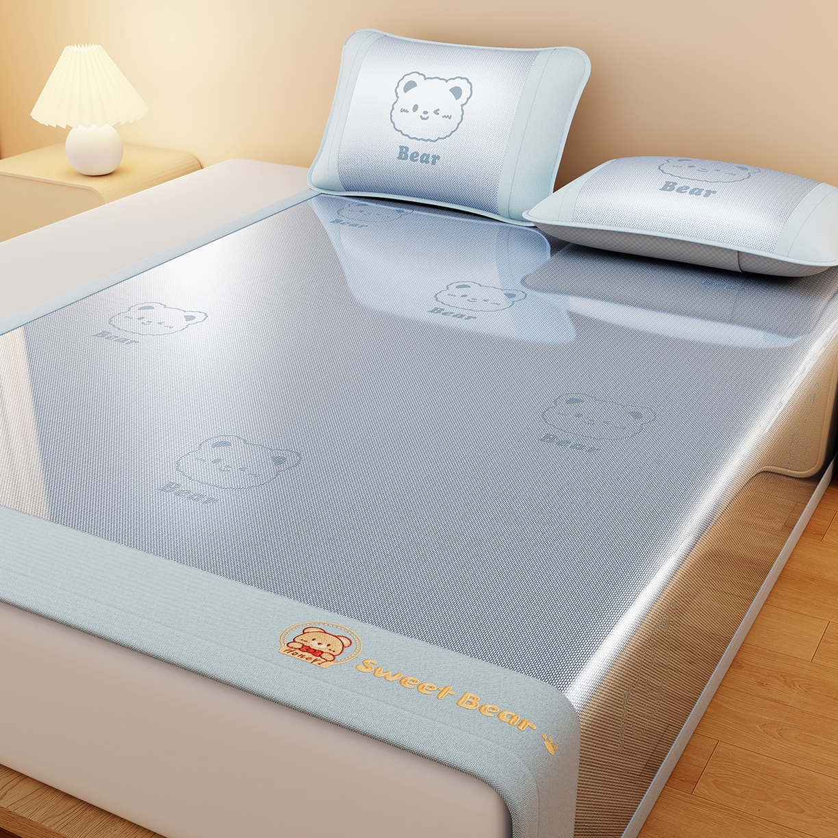 91家纺网 家纺一手货源 找家纺 女子家纺 2026新款水洗冰藤床席款床笠款凉席-快乐熊 快乐熊-天空蓝