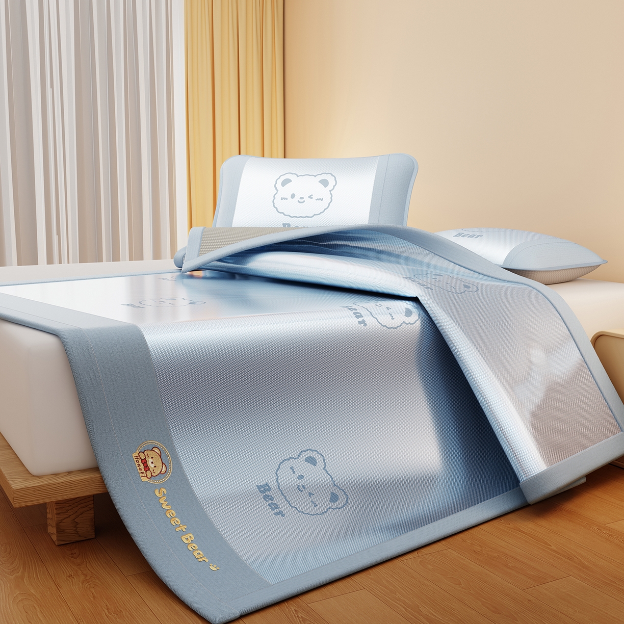 91家纺网 家纺一手货源 找家纺 女子家纺 2026新款水洗冰藤床席款床笠款凉席-快乐熊 快乐熊-天空蓝