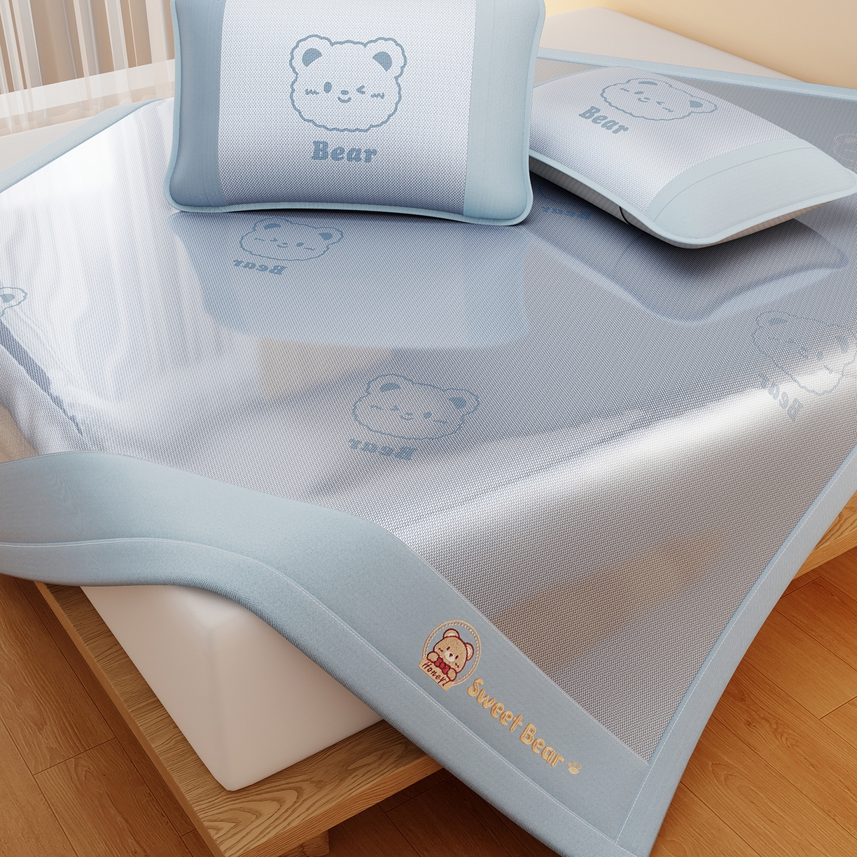 91家纺网 家纺一手货源 找家纺 女子家纺 2026新款水洗冰藤床席款床笠款凉席-快乐熊 快乐熊-天空蓝