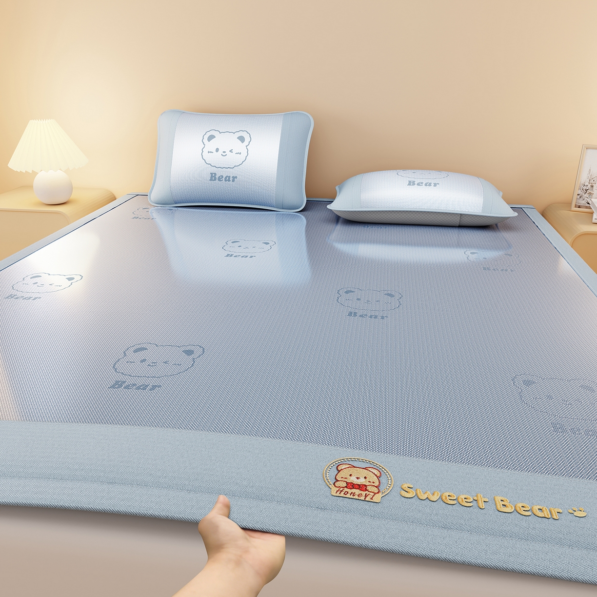 91家纺网 家纺一手货源 找家纺 女子家纺 2026新款水洗冰藤床席款床笠款凉席-快乐熊 快乐熊-天空蓝