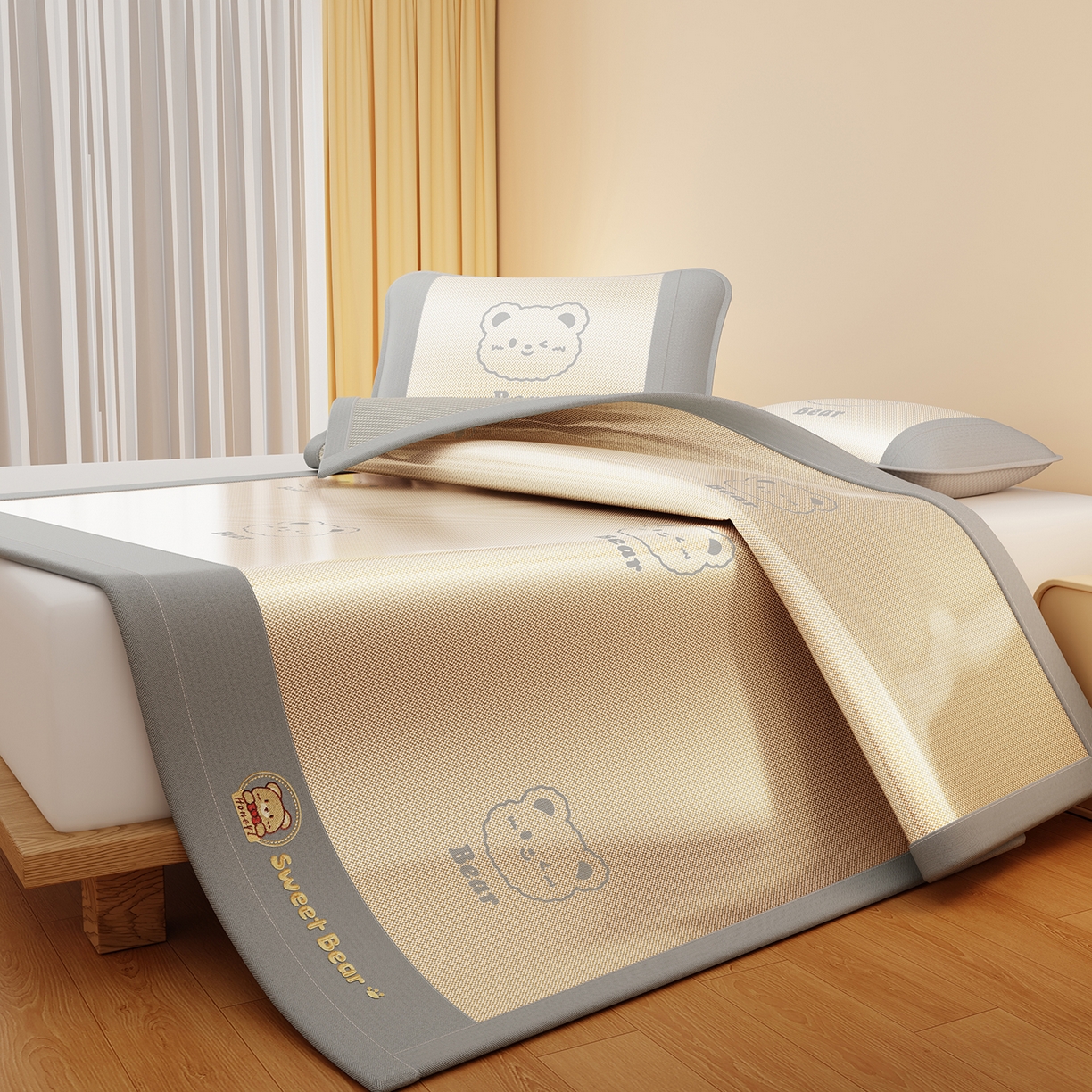 91家纺网 家纺一手货源 找家纺 女子家纺 2026新款水洗冰藤床席款床笠款凉席-快乐熊 快乐熊-香槟金