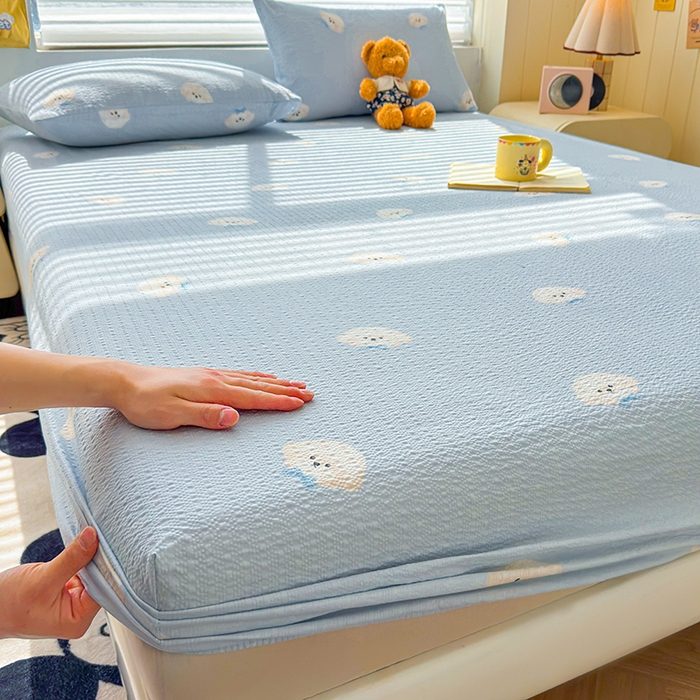 梵朴 2026新款A类泡芙棉云感木棉邹邹纱双层纱床笠三件套 蓝色领结狗