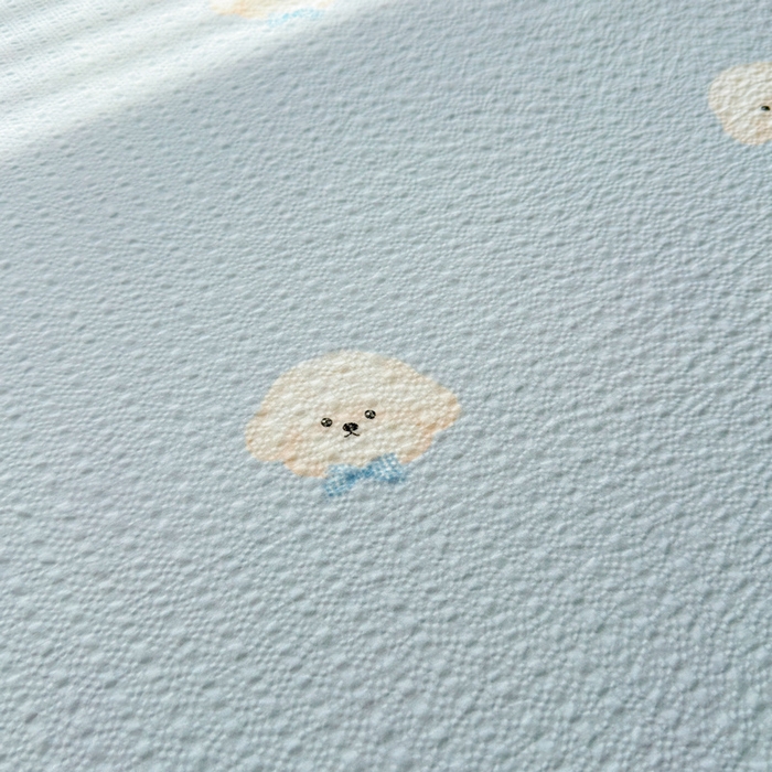 91家纺网 家纺一手货源 找家纺 梵朴 2026新款A类泡芙棉云感木棉邹邹纱双层纱床笠三件套 蓝色领结狗